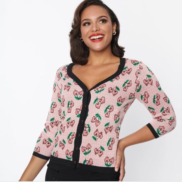 Unique Vintage | Pink Cherry Hearts Cardigan | Size Medium - Picture 1 of 12